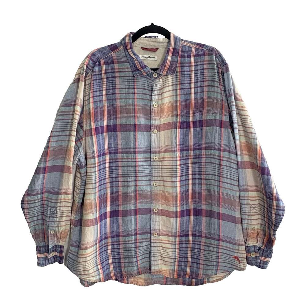 TOMMY BAHAMA Men Linen Button Front Long Plaid Shirt Sz 2xl Multicolor 21-14